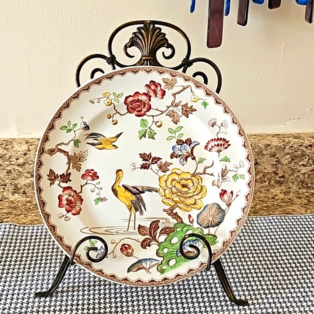 Antique Ashworth Bros 9 1/4" Plate England Floral Bird Crane & Lily